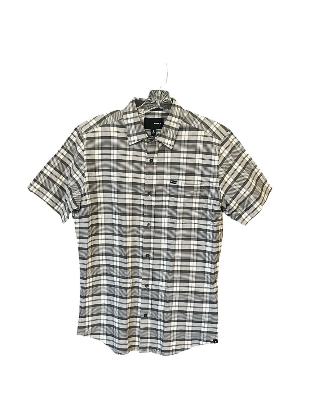 Hurley Button Up Shirt Men S Gray White Plaid Short Sleeve Cotton Casual